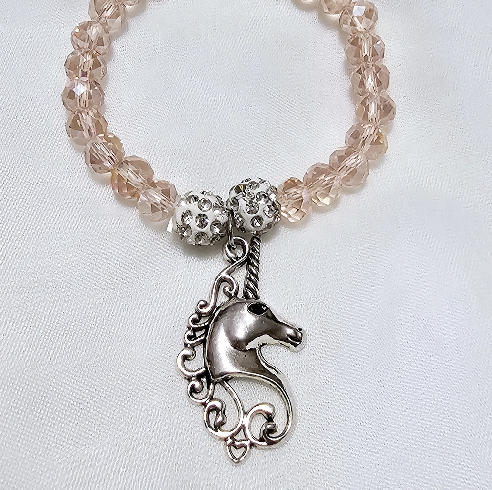 Plush Glass Beaded Silvertone Unicorn Charm Bracelet